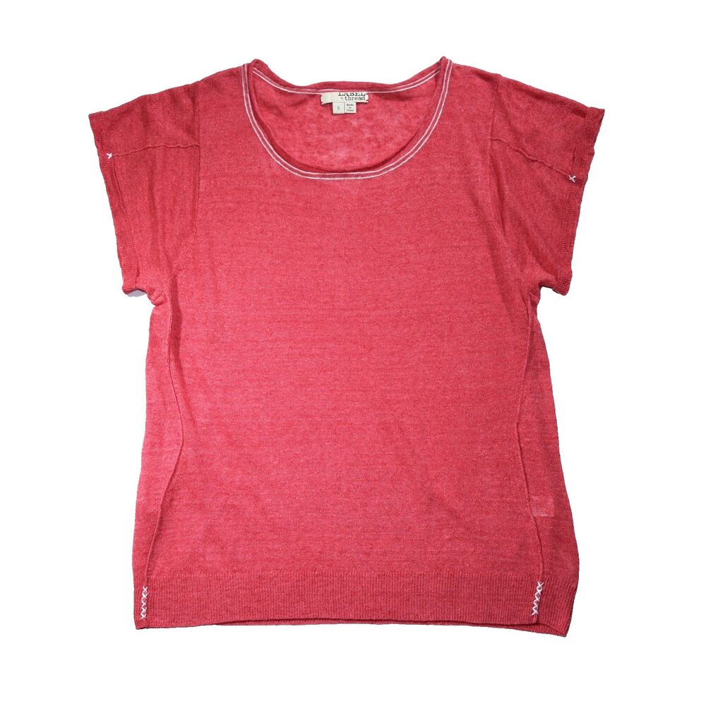 Label + Thread Womens S 100% Linen Knit Top Coral Short Sleeve Contrast Stitch
